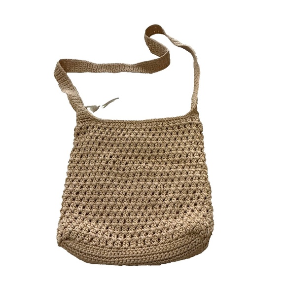The Sak Tan Crochet Shoulder Bag With Leather Tassel Accent Boho Chic Style - Picture 3 of 7